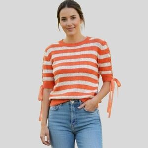 Endless Rose Short Sleeve Sweater Pointelle Stripe Ribbon Tie | Size Small